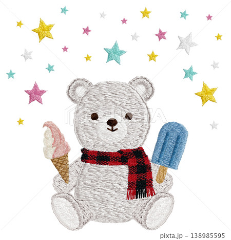【シロクマとアイスと星】手刺繍イラスト素材 【シロクマとアイスと星】手刺繍イラスト素材 138985595