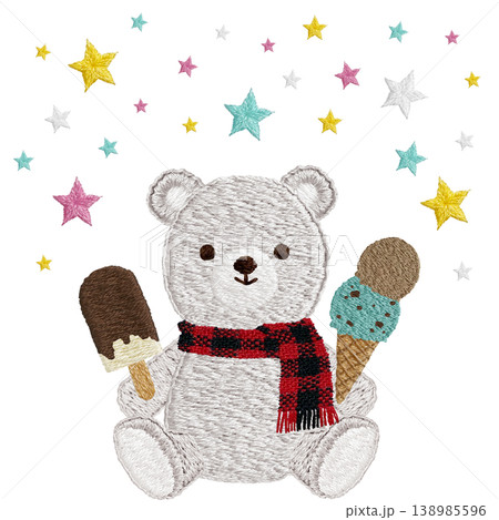 【シロクマとアイスと星】手刺繍イラスト素材 138985596