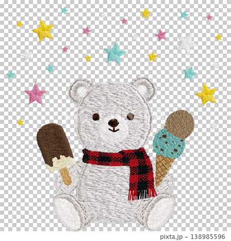 【シロクマとアイスと星】手刺繍イラスト素材 138985596