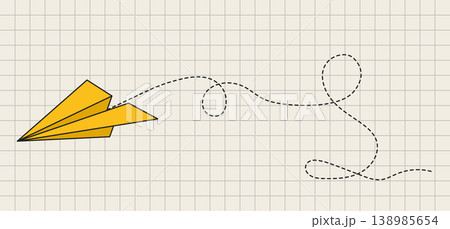 Flying yellow paper airplane. The flight path is indicated by a dotted line. Vector illustration 138985654