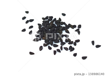 Black cumin seeds pile isolated on white background 138986140