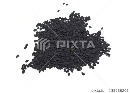 Black cumin seeds pile isolated on white background Black cumin seeds pile isolated on white background 138986201