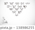 Hand-drawn vector scene of a person controlling a diverse fleet of doodle drones flying in formation 138986255