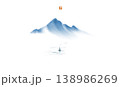 Minimalist sumi-e vector background with misty mountains and a small sailboat on calm water.Traditional Japanese ink wash painting sumi-e. Hieroglyph - happiness. 138986269