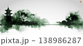 Green sumi-e vector landscape with a pagoda, tree, and forest reflections on calm water in minimalist ink wash style. Hieroglyph - clarity. 138986287