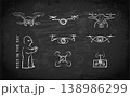 Doodle-style vector of drones with cameras, a remote control, and a drone operatoin on blackboard background 138986299