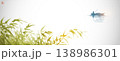 Vector sumi-e artwork of a lone fisherman in a boat on calm misty water, with green bamboo in the foreground and a serene atmosphere. Hieroglyph - eternity 138986301