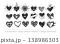 Set of minimalistic hand-drawn vector hearts in various creative doodle styles and decorative designs on white background 138986303