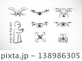 Doodle-style vector of drones with cameras, a remote control, and a drone operator on white background 138986305
