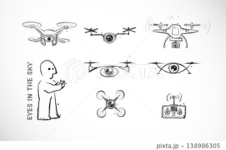 Doodle-style vector of drones with cameras, a remote control, and a drone operator on white background 138986305
