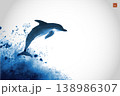 Minimalist ink painting with blue sumi-e dolphin and sea waves. Hieroglyph - eternity 138986307
