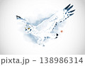 Minimalist ink painting of flying owl with bright yellow eyes in blue tones on white background. Traditional oriental ink painting sumi-e, u-sin, go-hua. Hieroglyph - silence 138986314