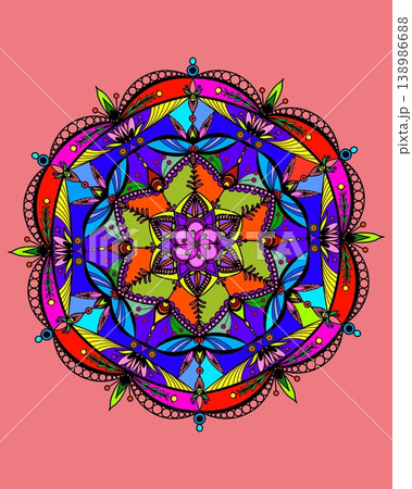 A colorful hand-drawn ornamental mandala with floral and geometric elements on a pink background. A colorful hand-drawn ornamental mandala with floral and geometric elements on a pink background. 138986688