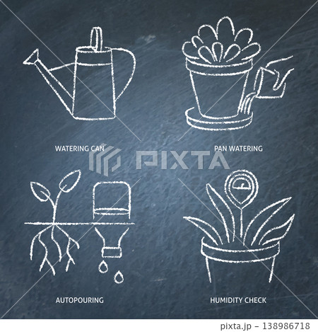 Watering and moistening plants chalkboard icon set Watering and moistening plants chalkboard icon set 138986718