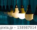 Single Glowing Light Bulb Among Hanging Bulbs Concept of Innovation and Standing Out 138987014