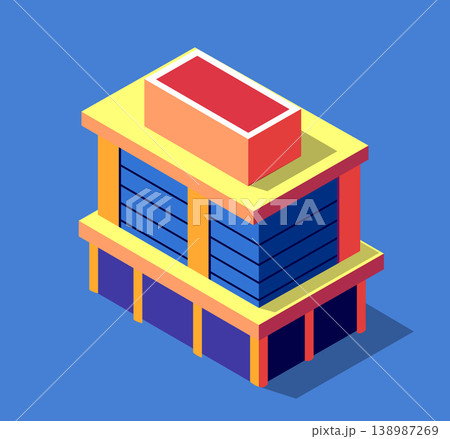 Colorful isometric building with red rooftop on blue background 138987269