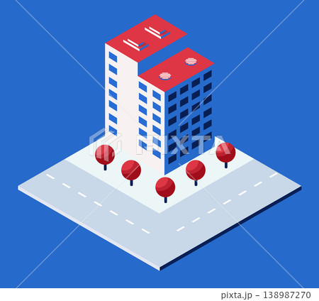 Modern isometric building with red roof and trees along street Modern isometric building with red roof and trees along street 138987270