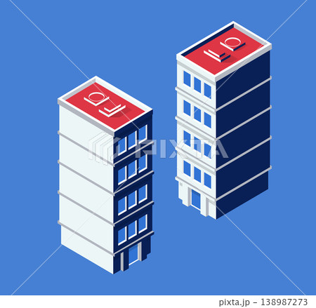 Two isometric buildings with red rooftop terraces standing out against a blue background Two isometric buildings with red rooftop terraces standing out against a blue background 138987273