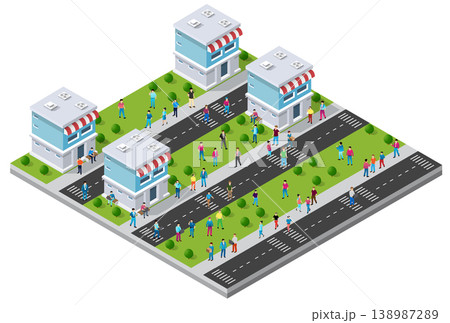 People walking and shopping in a small isometric city with stores and roads People walking and shopping in a small isometric city with stores and roads 138987289