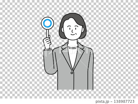 An illustration of a middle-aged woman in a suit, smiling and holding a "circle" sign. An illustration of a middle-aged woman in a suit, smiling and holding a "circle" sign. 138987723