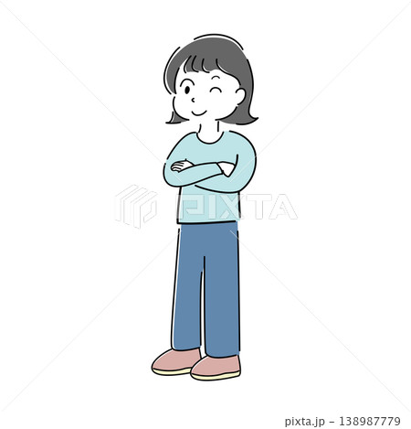 腕を組んでウインクする女性のシンプルイラスト（案内・ポイント解説・人物素材） 138987779