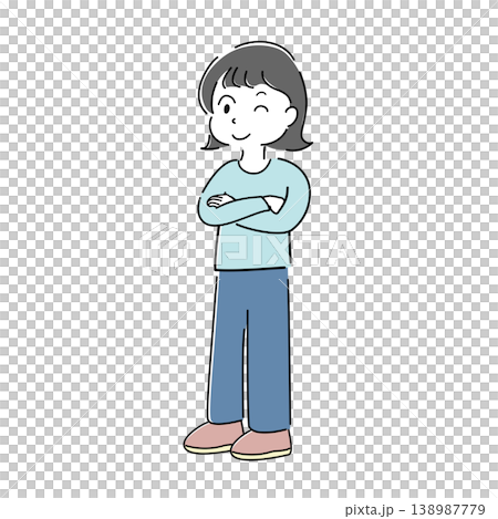 腕を組んでウインクする女性のシンプルイラスト（案内・ポイント解説・人物素材） 138987779