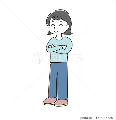 腕を組んで笑っている女性の全身シンプルイラスト(案内・解説・ポイント・笑顔・人物素材) 腕を組んで笑っている女性の全身シンプルイラスト(案内・解説・ポイント・笑顔・人物素材) 138987780