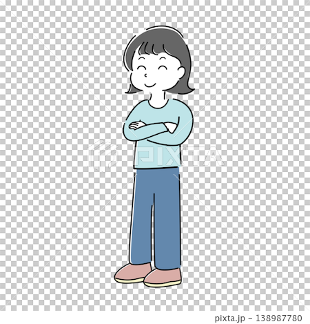 腕を組んで笑っている女性の全身シンプルイラスト(案内・解説・ポイント・笑顔・人物素材) 腕を組んで笑っている女性の全身シンプルイラスト(案内・解説・ポイント・笑顔・人物素材) 138987780