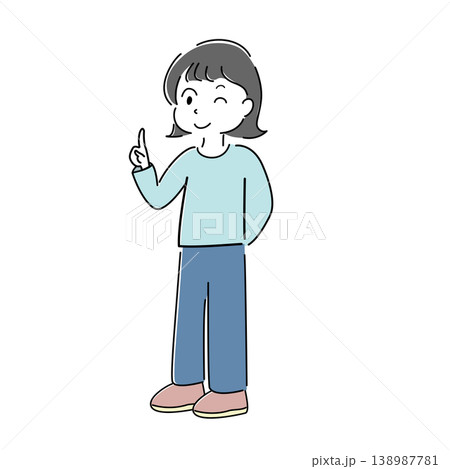 ウインクして指差しする笑顔の女性のシンプルイラスト（案内・ポイント解説・人物素材） 138987781