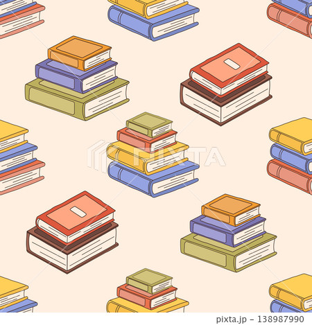 Hand-drawn seamless pattern with stacked books. Perfect for educational projects, school supplies, wrapping paper, packaging, and stationery. Vector illustration. Hand-drawn seamless pattern with stacked books. Perfect for educational projects, school supplies, wrapping paper, packaging, and stationery. Vector illustration. 138987990