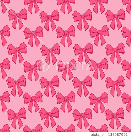 Vintage hand-drawn seamless pattern with coquette bows and ribbons. Designed for wrapping paper, packaging, fabric, and textiles. Vector illustration. 138987991