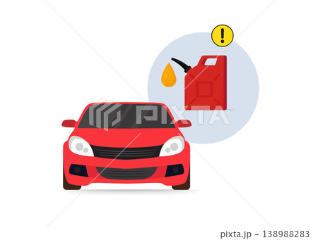 Red car with gas can icon and warning symbol, indicating low fuel or refueling needed Red car with gas can icon and warning symbol, indicating low fuel or refueling needed 138988283