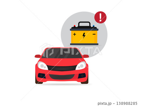 Red car with warning symbol and battery symbol, indicates car battery problem, vector illustration, stock illustration 138988285