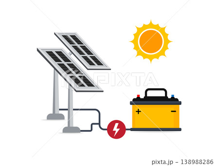 Solar panels charging a battery with the sun above, depicting the concept of renewable energy, vector illustration, stock illustration 138988286