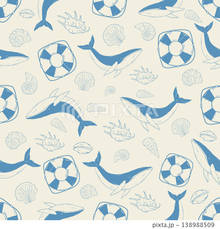Seamless marine pattern with hand-drawn whales, seashells, and lifebuoys. Seamless marine pattern with hand-drawn whales, seashells, and lifebuoys. 138988509