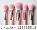 Luxury beauty brand campaigns. Pink. Set of professional makeup brushes. Top view. 138988518