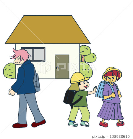 家から出てきた兄弟がそれぞれの学校へ登校する日常の生活イラスト 家から出てきた兄弟がそれぞれの学校へ登校する日常の生活イラスト 138988610