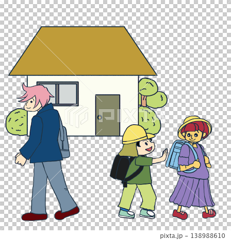 家から出てきた兄弟がそれぞれの学校へ登校する日常の生活イラスト 家から出てきた兄弟がそれぞれの学校へ登校する日常の生活イラスト 138988610