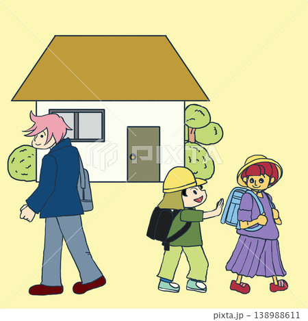 一軒家から学校へ登校する子どもたちの朝の通学風景イラスト素材 一軒家から学校へ登校する子どもたちの朝の通学風景イラスト素材 138988611