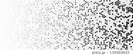 Hexagon halftone field dense left, fade right. Honeycomb mosaic tech vibe. Topics technology data. Use background banner UI cover print. Monochrome minimal geometric BG. Vector illustration 138988685