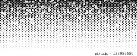 Hexagon halftone field dense left, fade right. Honeycomb mosaic tech vibe. Topics technology data. Use background banner UI cover print. Monochrome minimal geometric BG. Vector illustration 138988686