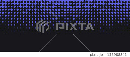 Violet halftone dots descend over dark space, techno background pattern texture. Abstract grid fade, depth illusion for tech, data, cyber in banner, header, landing, presentation. Vector backdrop 138988841