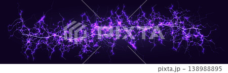 Realistic Magenta Lightning Bolt on Dark Background. Isolated Light Flare Electric Energy Power Line. Thunderbolt Flash Strike, Shock Spark, Electricity Current. Vector Illustration. 138988895