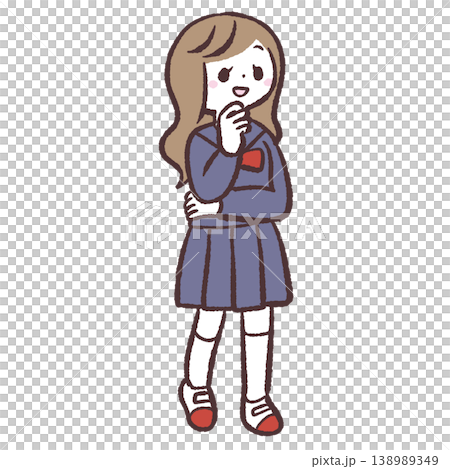 一位微笑的女學生全身像，她一手托著下巴。 138989349