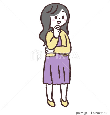 あごに手をあてる笑顔の女性の全身イラスト 138989350