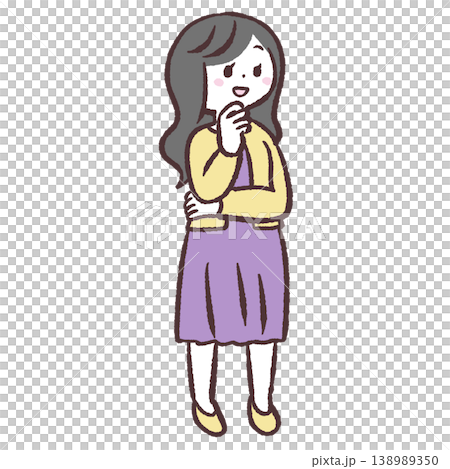 あごに手をあてる笑顔の女性の全身イラスト 138989350