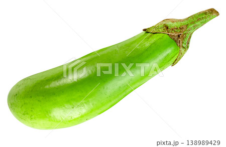 Single fresh long green eggplant isolated. Ripe organic vegetable with stem, detailed texture, and natural highlights. Perfect for culinary, healthy eating, and food projects. Single fresh long green eggplant isolated. Ripe organic vegetable with stem, detailed texture, and natural highlights. Perfect for culinary, healthy eating, and food projects. 138989429