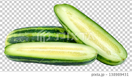 Fresh striped Armenian cucumbers, both whole and cut in half lengthwise, isolated on white background. Crisp green snake cucumber with visible seeds, ideal for healthy food and garden concepts. Fresh striped Armenian cucumbers, both whole and cut in half lengthwise, isolated on white background. Crisp green snake cucumber with visible seeds, ideal for healthy food and garden concepts. 138989431