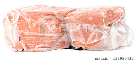 closeup frozen sausage bologna  in plastic bag with ice crystals isolated 138989433