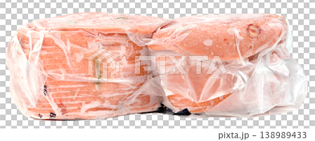closeup frozen sausage bologna  in plastic bag with ice crystals isolated 138989433